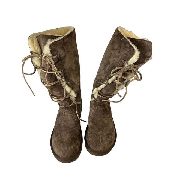 UGG Whitley Tall Brown Suede Boots Lace Up Sheepskin Shearling 5122 Womens 8 39 - Picture 3 of 11